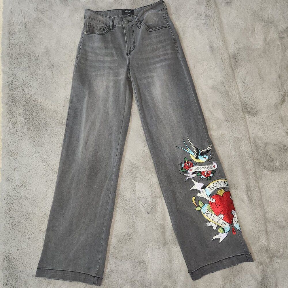 Grey Ed Hardy embroidered flare bootcut jeans Size 26 - Picture 4 of 5
